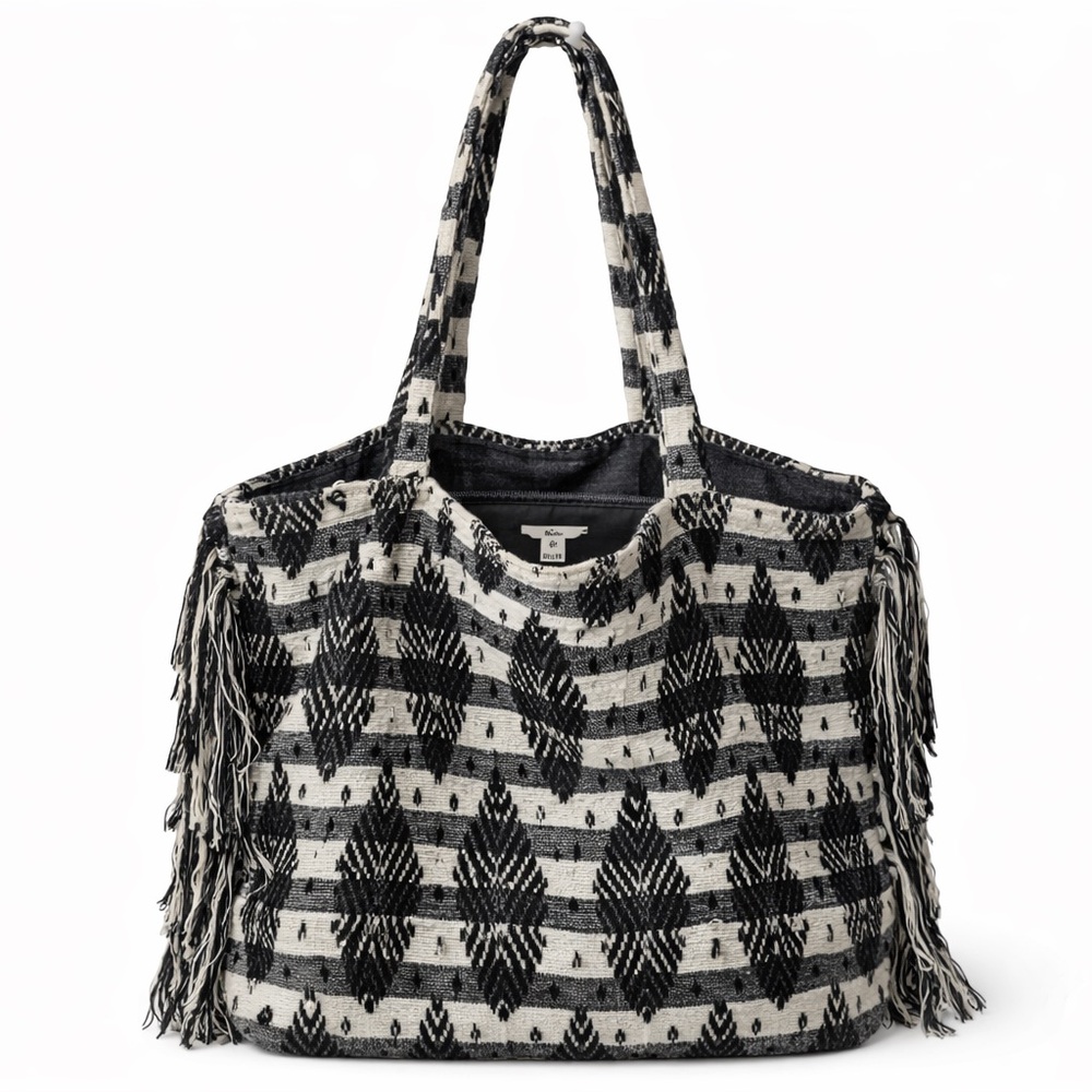 Amuse Black & Ivory Woven Tote Bag w/ Fringe | Boho Tribal Pattern | One Size